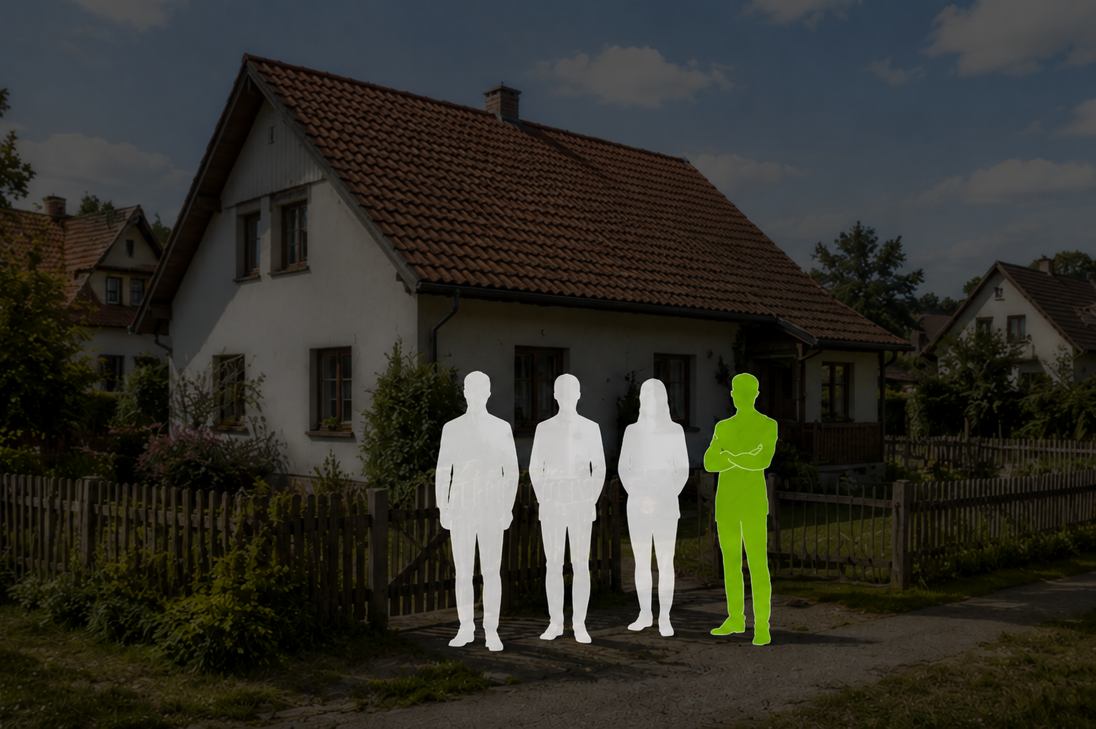 Spoluvlastníci před domem, jeden z nich vyznačený